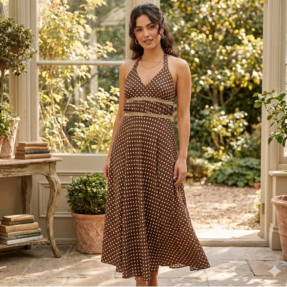 Julian Taylor Brown and Cream Polka Dot Maxi Dress